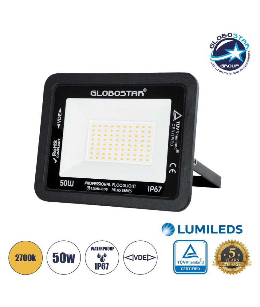 GLOBOSTAR® ATLAS 61424 Προβολέας LED 50W 5750lm 120° AC 220-240V Αδιάβροχο IP67 Θερμό Λευκό 2700K - Lumileds SMD Chip - TÜV Rheinland Certified - Μαύρο Ματ - Μ21 x Π3.5 x Υ16cm - 5 Χρόνια Εγγύηση
